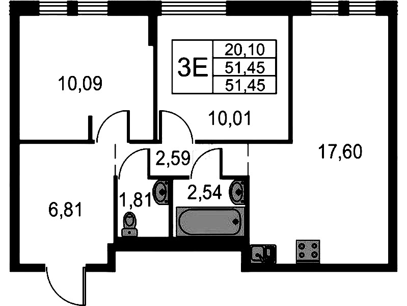 2-комнатная квартира 51.45 м², 5/15 эт., ЖК «Невская Долина»